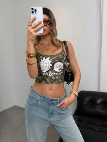 Rick and Morty X SHEIN 女士休闲时尚街头风卡通人物、字母、树木印花修身短款吊带背心，夏季 - 白色 - 查看 5