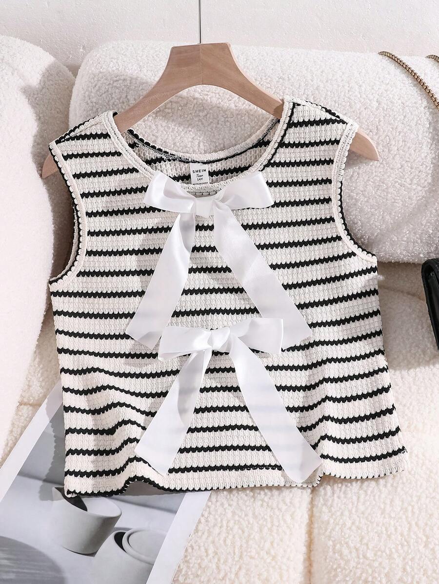 SHEIN Áo tank top dệt kim kẻ sọc đen trắng cho nữ tuổi teen, kiểu dáng rộng rãi, dễ phối đồ, màu đen trắng cổ điển. - Đen và trắng - Xem 1