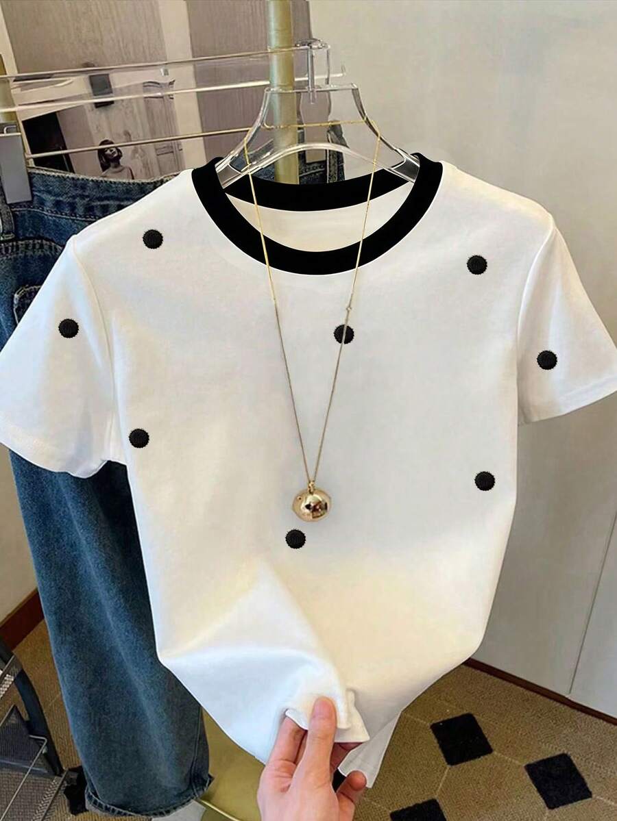 SHEIN 女士修身短袖T恤,黑色波点刺绣 - 白色 - 查看 1