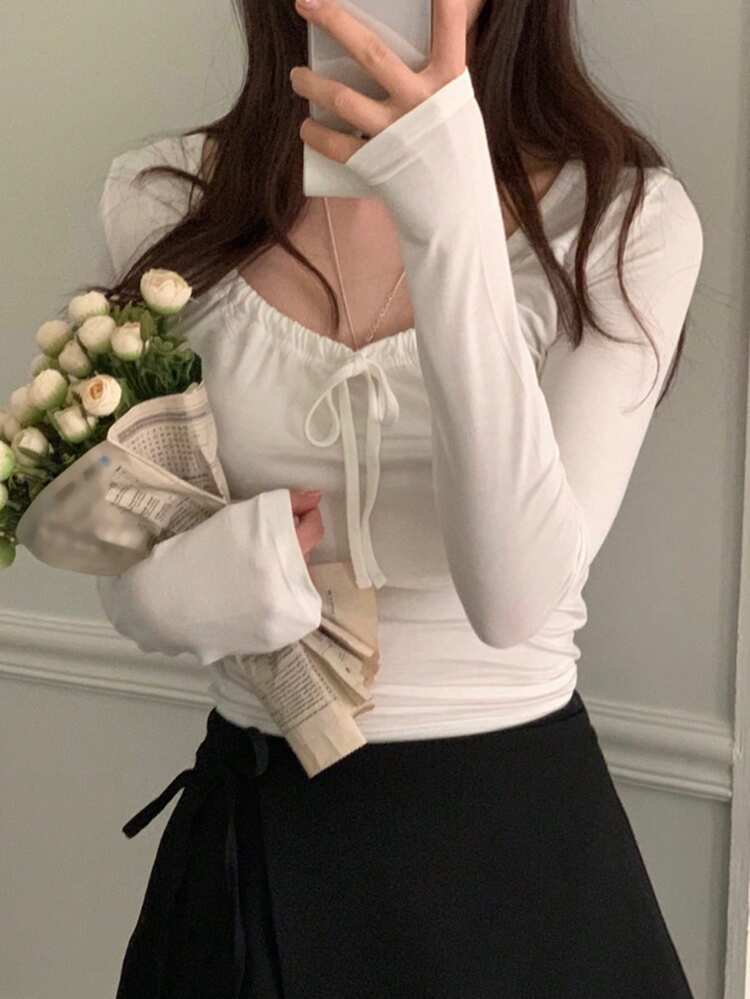 Women's Lace-Up Fitted Fashionable T-Shirt, White, Spring/Summer/Autumn