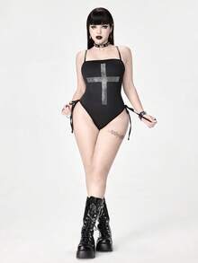ROMWE Goth Women's Sexy Criss-Cross Rhinestone Decor Side Lace-Up Bodysuit - Black - View 6