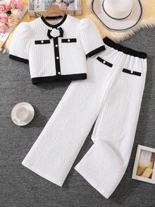 SHEIN 2pcs/Set Tween Girls Knitted Pearl Button Black And White Contrast Color Set,Elegant Summer Tea Party Outfit For Birthday,Dining,Holiday,Leisure - White - View 8