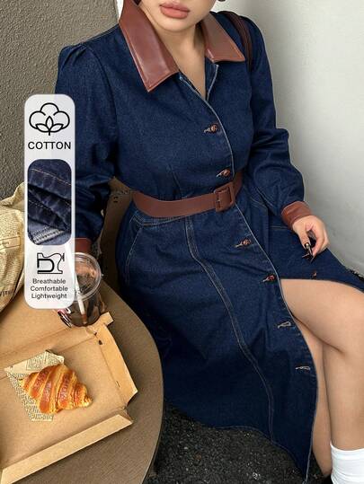 Dazy Plus 大码女士优雅长款牛仔连衣裙，采用时尚撞色设计和做旧水洗工艺，适合春秋季穿着。