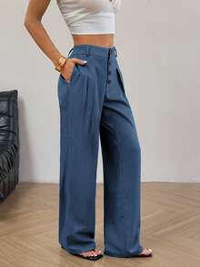 FavEase 女士休闲纯色直筒裤 - 藍色 - 查看 6