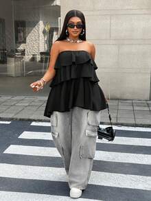 Maweii Plus Size Women Solid Color Multi-Layer Ruffle Hem Wrap Crop Top - Black - View 5