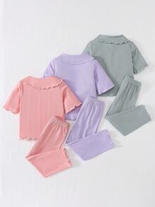 3pcs/Set Cute Cherry Peter Pan Collar Short Sleeve Top And Pants Girls Casual Comfortable Pajamas/Loungewear, Random Assortment - Multicolor - View 2