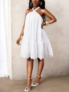 BamGleam Gerafftes Neckholder-Kleid mit weiter Passform und fließendem Stoff, Stickerei aus Baumwolle für Damen, geeignet für Party, Urlaub, Alltag, Frühling/Sommer - Weiss - Übersicht 3