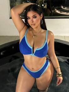 Swim SXY Bộ bikini hai mảnh màu xanh dương dành cho nữ cỡ lớn, cổ chữ V khoét hở, dây đeo, phối màu tương phản gợi cảm, thích hợp cho kỳ nghỉ hè ở bãi biển. - Nhiều màu - Xem 4