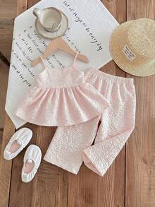 SHEIN LMoss Kids Baby Girl Summer Casual Vacation Daily Commute Solid Color Jacquard Babydoll Cami Top & Wide Leg Pants Set - Pink - View 7