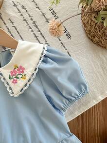 SHEIN LMoss Kids 女童法式优雅撞色刺绣领短袖衬衫 - 彩色 - 查看 6