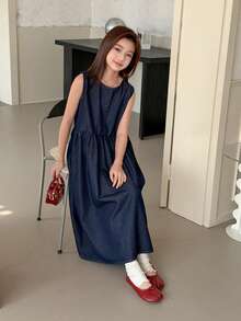 DAZY Tween Girls' Round Neck Sleeveless Denim Dress - Blue - View 8