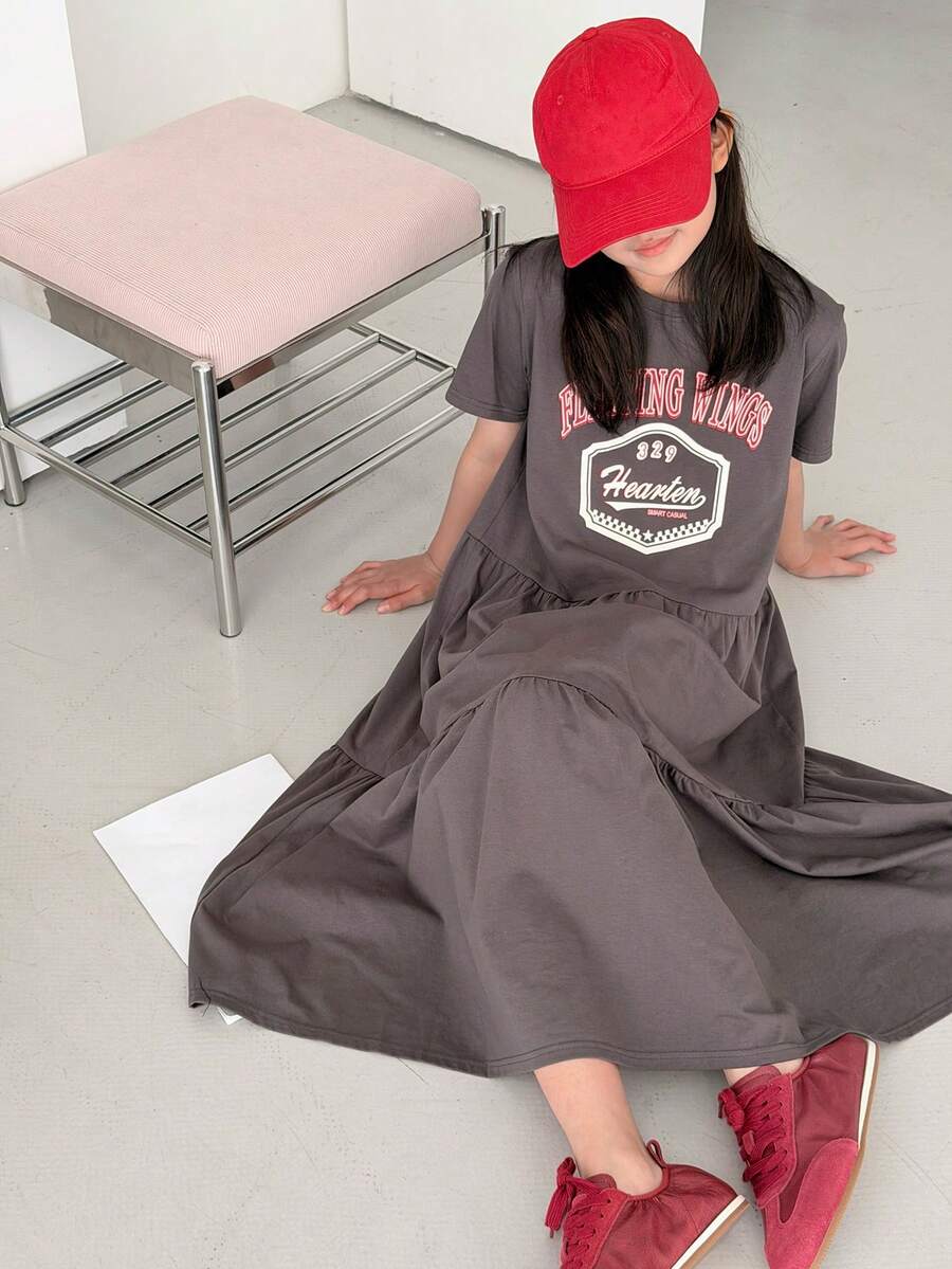 Dazy Kids Tween Girl Round Neck Letter & Number Print Casual Everyday Vacation Cake Dress - Grey - View 1