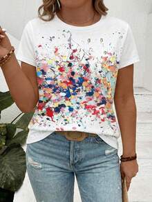 EMERY ROSE New Plus Size Women Fashion Printed & Spray Painted Round Neck Short Sleeve T-Shirt - Multicolor - View 6