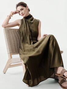 Aalyst Vestido sin mangas de mujer con cuello de bufanda, de estilo vintage, de unicolor, de tela arrugada, con cintura elástica y bajo acampanado, elegante, chic, ligero, lujoso, casual, bohemio, para vacaciones/trabajo y traslados - Verde Gris - Ver 7