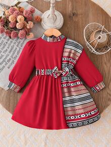 SHEIN Baby Girl Print Bubble Sleeve Dress With Shawl Collar, Elegant Casual Vacation Dress For Spring/Autumn - Burgundy - View 8