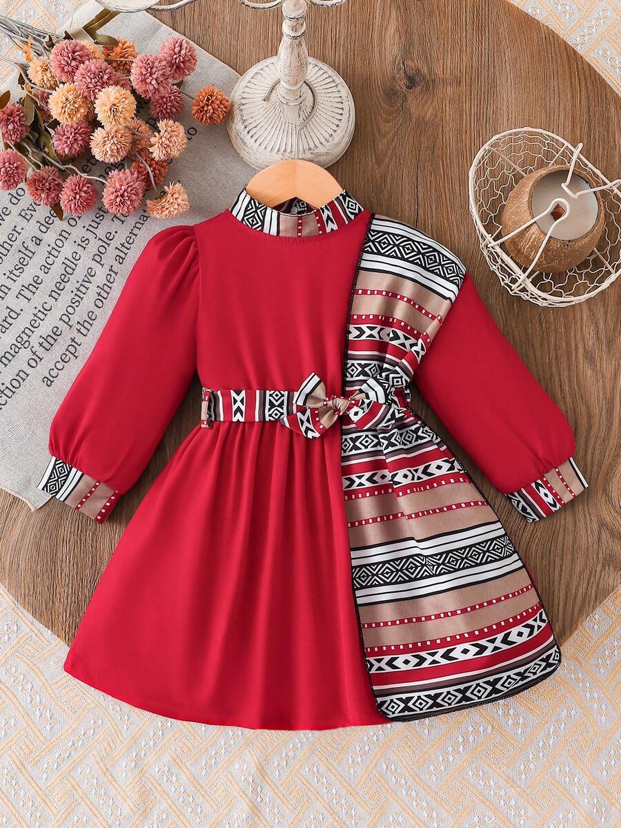 SHEIN 女婴印花泡泡袖连衣裙，披肩领设计，优雅休闲度假风，适合春秋季穿着 - 酒紅色 - 查看 1