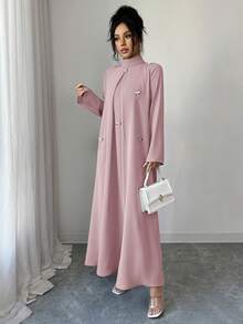 Yasmyna 女士纯色立领亮片装饰长袖优雅阿拉伯风格连衣裙 - 粉色 - 查看 6