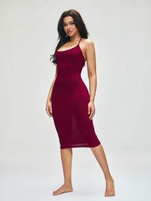 SHAPORA Shiny Minimalist Comfortable Halter Neck Casual Fitted Fashionable Nightgown, Women - Burgundy - View 4