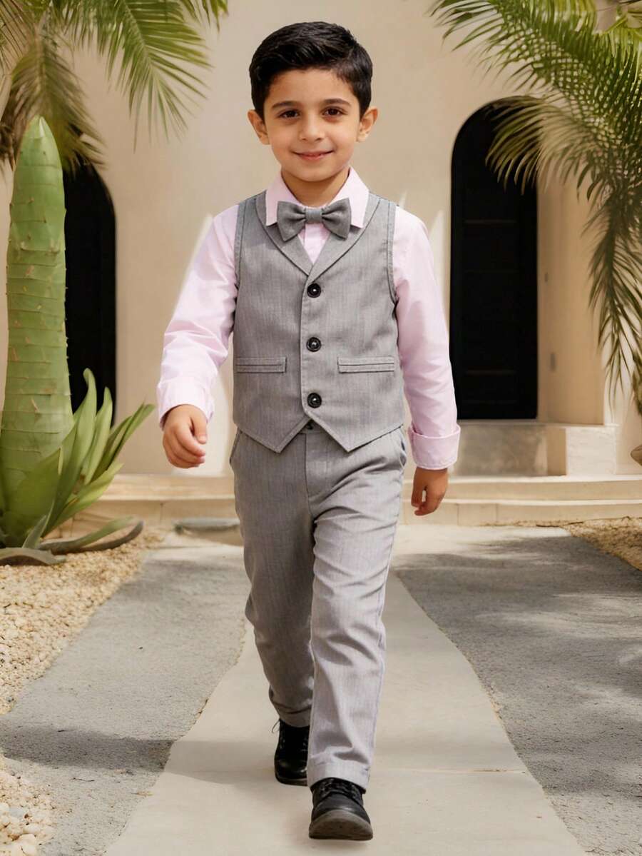 三件套男士西装:马甲+领结+西裤,包含一件浅灰色编织纹理马甲、一条配套西裤和一个灰色领结。不含衬衫。马甲采用西装领设计,配有三颗黑色纽扣和侧袋。领结增添正式感。这套简约而精致的西装套装适合出席仪式、演出和其他正式场合。 - 灰色 - 查看 1