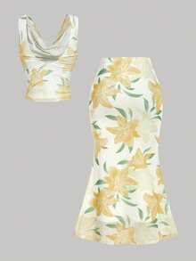 SHEIN MOD 梦幻浪漫黄色花卉印花垂褶领两件套——美人鱼裙摆，珍珠链饰，适合花园茶会、约会、派对、女士春夏装、春假、度假、野餐、节日、生日等场合 - 黃色 - 查看 9