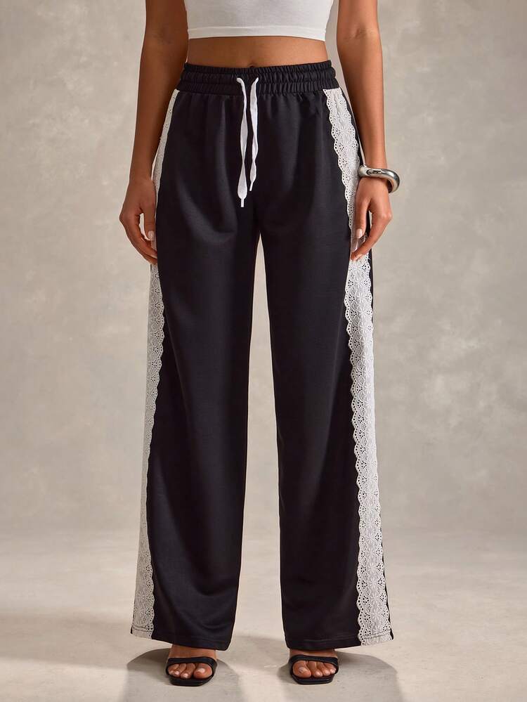 EURMUSE Pantalón de chándal de pierna ancha con detalles de contraste lateral de unicolor para mujer - Negro - Añade 3