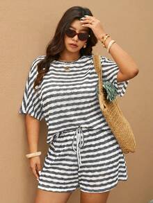 Elaquor Plus Size Casual Minimalist Knit Striped Loose Women 2-Piece Set, Women T-Shirt + Shorts, Suitable For Spring/Summer, Travel, Vacation, And Leisure Wear - Black and White - View 6