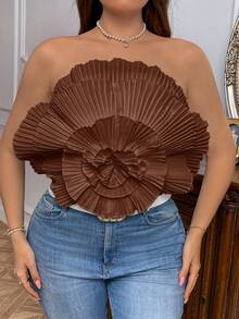 SHEIN Privé Plus Size Pleated Tight Fitting Top, Suitable For Vacation, Dates, Parties, Beach, Spring/Summer - Brown - View 7