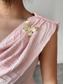 Elenzga Lightweight Draped Neck Sleeveless Ruched Tie Waist Knit Top With Textured Jacquard Pattern, Elegant & Sexy For Vacation, Stretchy Rose Top 2 Piece Short Sets Woman Pink Crop Top Women Women 2 Piece Sets Summer Baby Pink Top - Pink - View 3