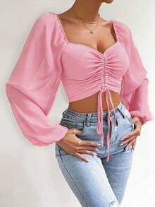 SHEIN Holidaya Áo croptop nữ kiểu dáng tối giản, cổ hình trái tim, tay phồng, có dây rút, thích hợp cho mùa thu. - Hồng - Xem 4