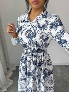 SHEIN Đầm midi nữ thanh lịch, in họa tiết, thắt eo, thích hợp cho việc đi làm hàng ngày. - Xanh và trắng - Xem 5