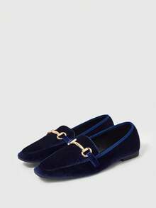 Sleekvia Women's Classic Suede Navy Blue And Gold Button Flat Loafers, Commuter Shoes - Royal Blue - View 10