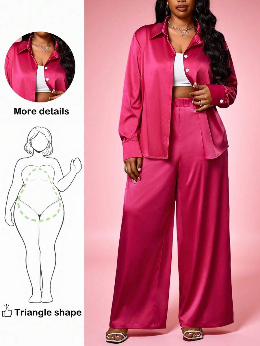 Truni 大码女式宽松紫红色长袖衬衫长裤套装，带口袋和纽扣细节，适合约会、派对、通勤等场合，梨形身材适用，也适合梨形和三角形身材。 - 玫紅色 - 查看 1