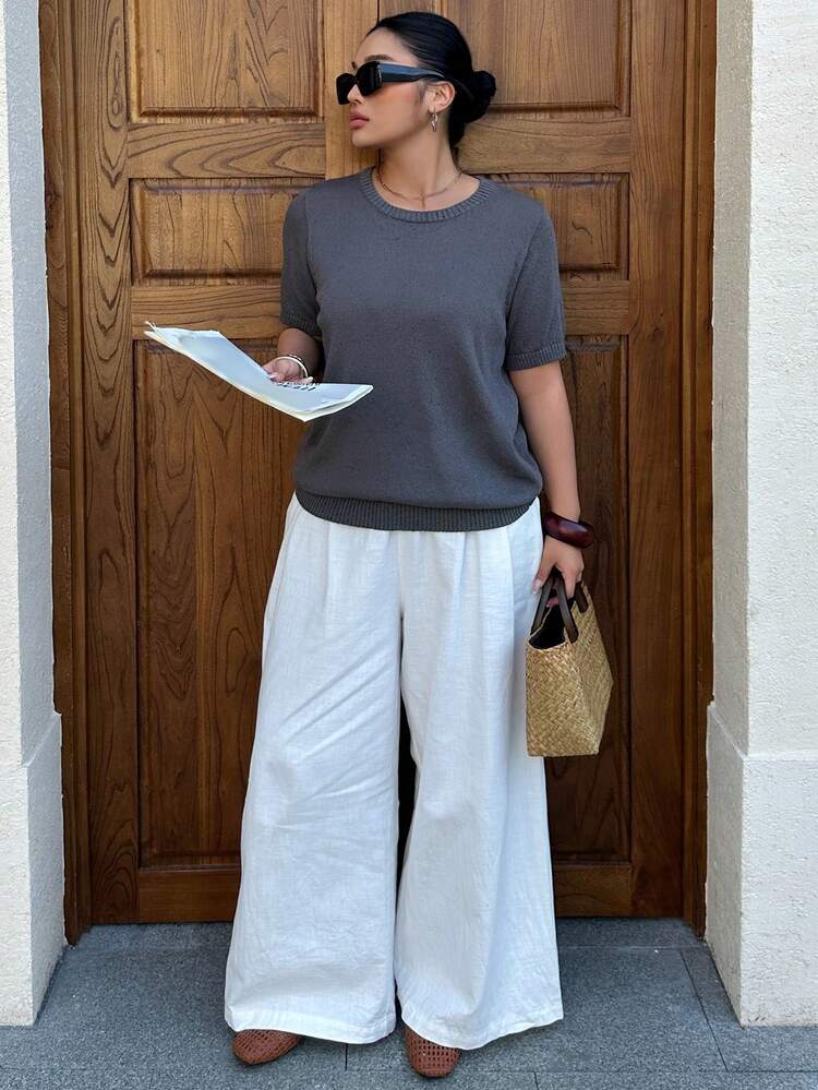 Dazy Plus Plus Size Casual Versatile Commute Solid Color Short Sleeve Knit Top