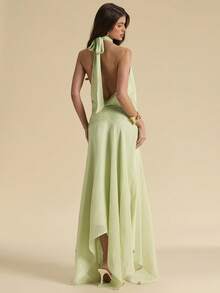 SHEIN BAE 薄荷绿露背系带低腰不对称下摆连衣裙，优雅女士夏季度假连衣裙，音乐节连衣裙，绿色连衣裙，优美长裙，沙滩度假连衣裙 - 綠色 - 查看 1