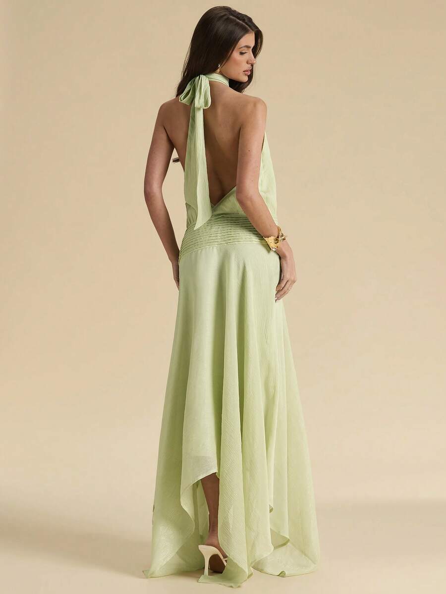 SHEIN BAE 薄荷绿露背系带低腰不对称下摆连衣裙，优雅女士夏季度假连衣裙，音乐节连衣裙，绿色连衣裙，优美长裙，沙滩度假连衣裙 - 綠色 - 查看 1