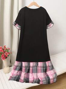 SHEIN 少女休闲蝴蝶印花拼接荷叶边格子印花睡袍连衣裙，黑色，春夏款 - 黑色 - 查看 2