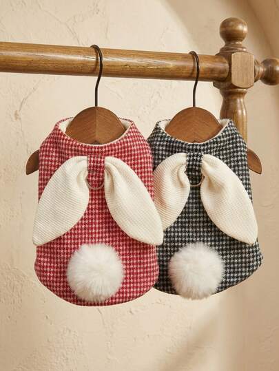 PETSIN Pet Autumn/Winter Checkered Coat Cute Rabbit Ears With Velvet Vest Teddy Tank Top Dog Clothes For Small Dogs Puppy Clothes