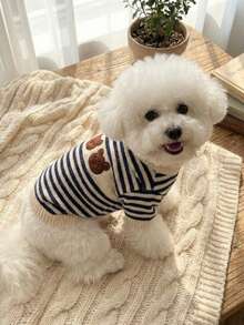 PETSIN 猫狗宠物冬季条纹毛衣，保暖可爱针织毛衣，超萌小熊图案 - 彩色 - 查看 2