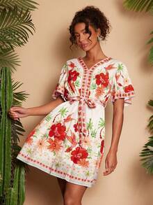 Travachic Women's Floral Print V-Neck Short Sleeve Vacation Romantic Dress - Red - View 7