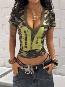 StreetHx Women's Casual Minimalist Sexy Deep V-Neck Camouflage Digital Print Fitted Short Sleeve T-Shirt Camo Top Club Top - Army Green - View 5