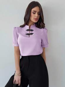 Firerie Women's Elegant Romantic Date Puff Sleeve Contrast Color Button-Up Shirt, Spring/Summer - Lilac Purple - View 3