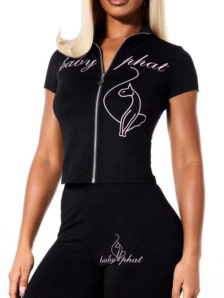 BABYPHAT Short Sleeve High Neck Zip Up Jersey Top With Graphic Script Text Print And Cat Logo Design