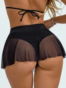 Swim Basics Women's Swimsuit Bottom Pleated Skirt With Ruffled Hem Mesh Cover Up Modest Bikini Bottom - Black - View 1