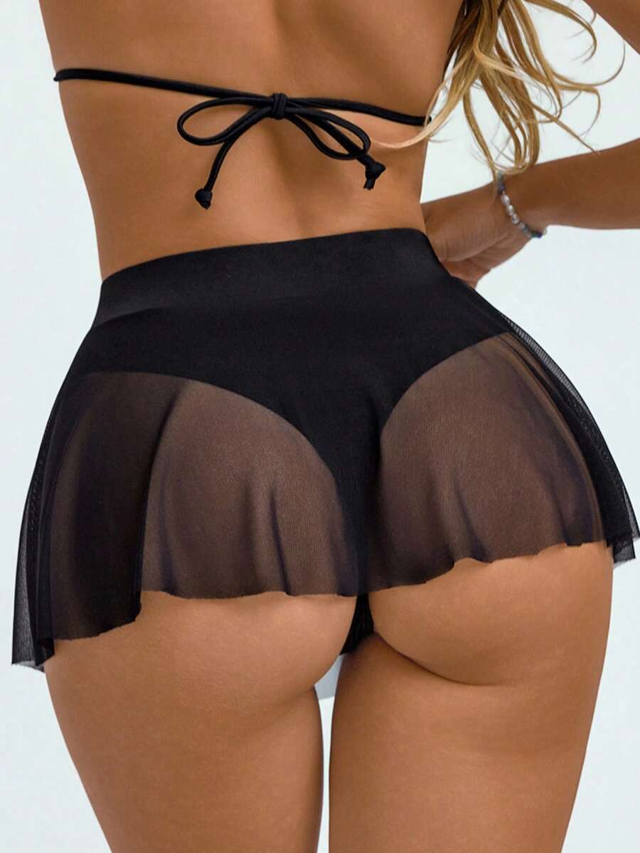 Swim Basics Women's Swimsuit Bottom Pleated Skirt With Ruffled Hem Mesh Cover Up Modest Bikini Bottom - Black - View 1
