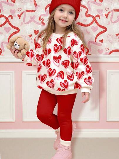 SHEIN Conjunto de sudadera y leggings con estampado de corazones de dibujos animados rosados y rojos, lindo y a mano, cómodo y suave, adecuado para el Día de San Valentín, días festivos, niñas jóvenes, uso casual diario y en el hogar, otoño/invierno