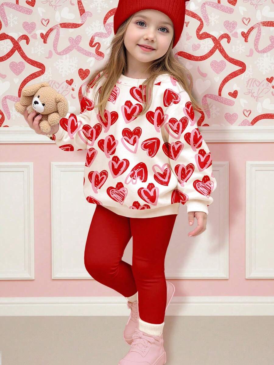 SHEIN Pink & Red Cute Hand-Drawn Cartoon Heart Print Sweatshirt & Leggings Set, Cozy & Soft, Suitable For Valentine's Day, Holidays, Young Girls, Casual Everyday & Home Wear, Autumn/Winter - Multicolor - View 1
