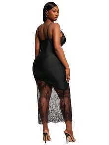 SHEIN SXY Sexy Patchwork Letter Pattern Plus Size Cami Dress Long Sleeveless Spaghetti Strap Knitted Fabric Dress - Multicolor - View 2