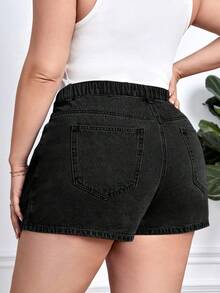 EMERY ROSE Plus Size Solid Color Slant Pocket Wrap Casual Denim Shorts - Dark Grey - View 2