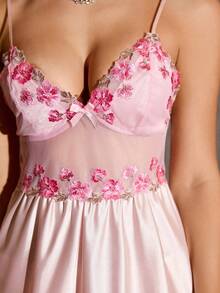 SilkySpell 1pc Women's Sexy V-Neck Backless Slip Dress, Floral Embroidery Hollow-Out Satin Mini Skirt, All Season - Pink - View 9