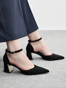 CUCCOO BIZCHIC Giày nữ mũi nhọn, đế dày, gót trung bình, màu đen, quai ngang mắt cá chân, đế khoét rỗng, giày cao gót nữ thời trang và thoải mái, phù hợp cho công sở, đi làm, nhiều kiểu dáng, giày đế khoét rỗng đa năng cho ngày Valentine. - Chất liệu màu đen - Xem 3